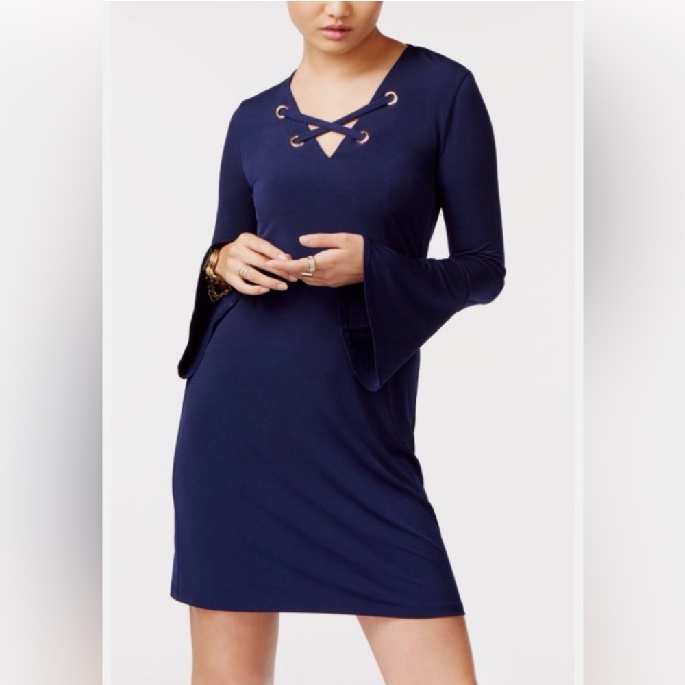 Michael Kors Lace Up Bell Sleeve Stretch Cocktail Dress in True Navy (M) - Picture 3 of 9